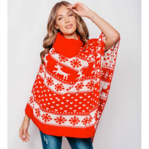 Noorse Kerst Poncho - Rendieren - Wit met Rood