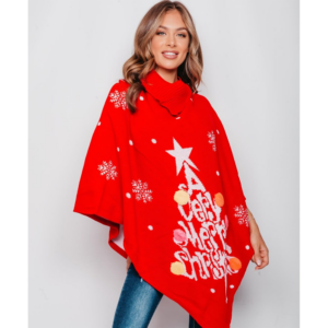 Kerst Poncho - "A Very Merry Christmas" Kerstboom - Rood