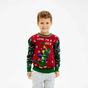 Foute LED Kersttrui Kinderen – Dinosaurus I'm a Tree-Rex – Rood