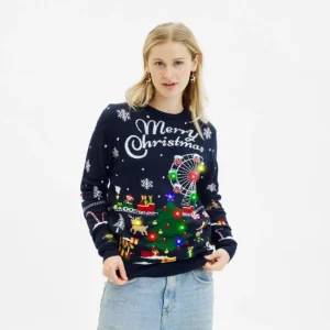 Foute LED Kersttrui Dames – Kerstmarkt – Donkerblauw