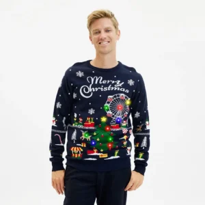 Foute LED Kersttrui Heren – Kerstmarkt – Donkerblauw