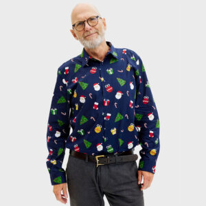 Kerst Overhemd - Kerst Ornamenten - Donkerblauw (Biologisch Katoen)