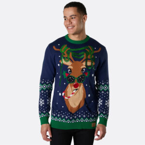 Foute Heren Kersttrui - Party Rudolph Pailletten - Donkerblauw