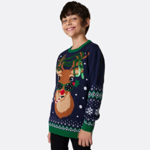 Foute Kinder Kersttrui - Party Rudolph Pailletten - Donkerblauw