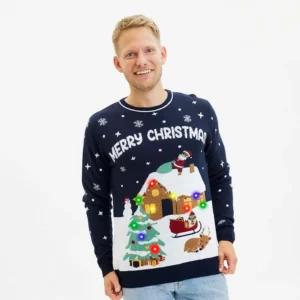 Foute LED Kersttrui Heren – Merry Christmas! Santas Visit – Donkerblauw