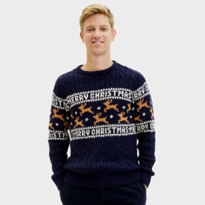 Elegante Heren Kersttrui - Kabeltrui Merry Christmas - Donkerblauw (Organisch Katoen)